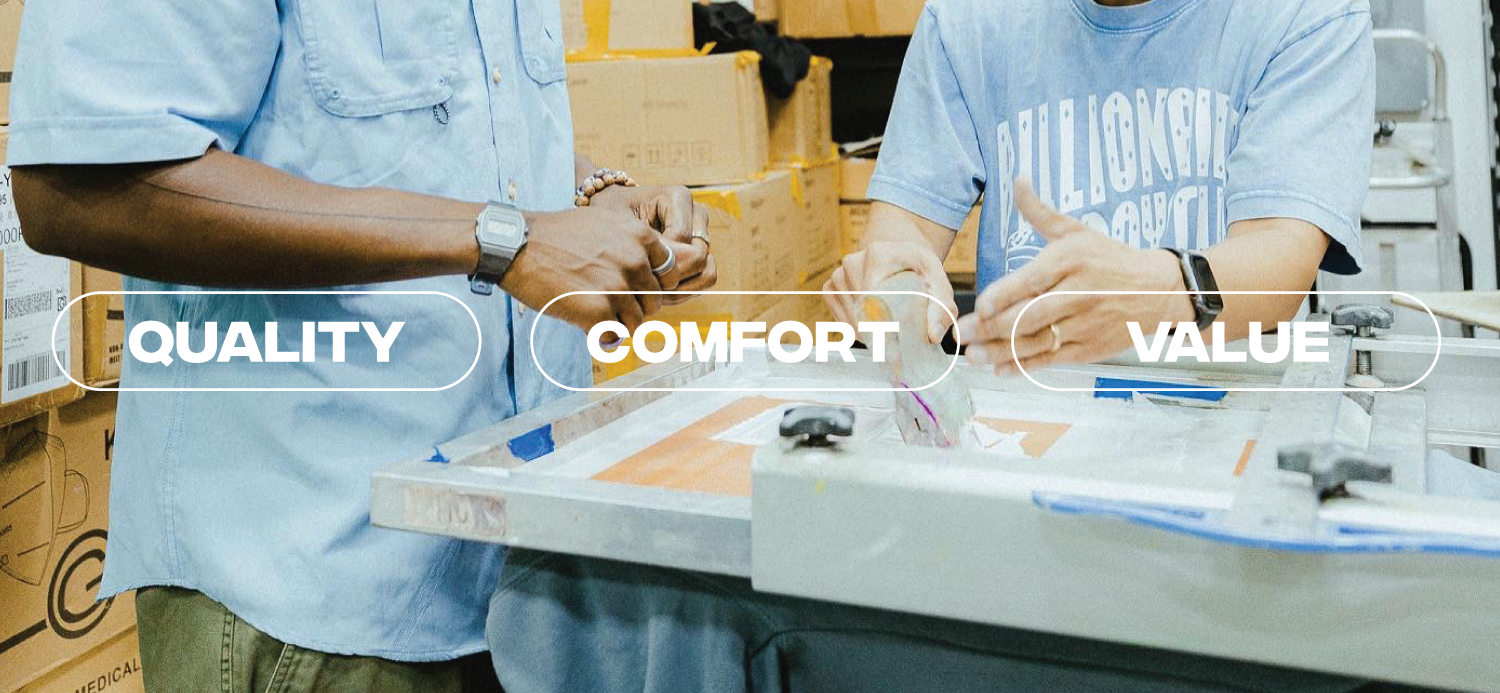 Screen printing process in workshop labeled “Quality, Comfort, Value,” demonstrating which tshirt print is best for durable, professional event apparel.
