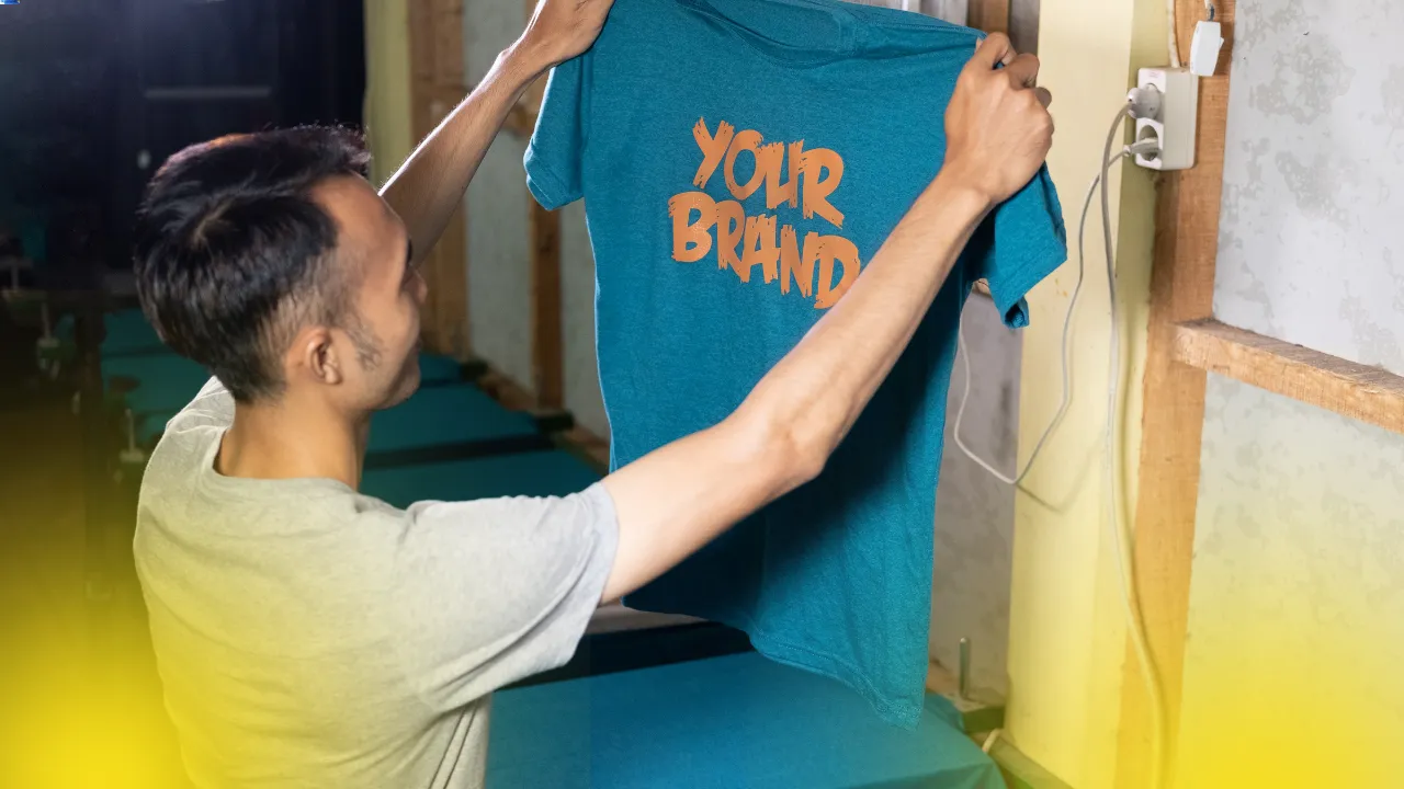 A printer inspects a finished t-shirt with a custom brand logo, the quality result of inexpensive screen printing.