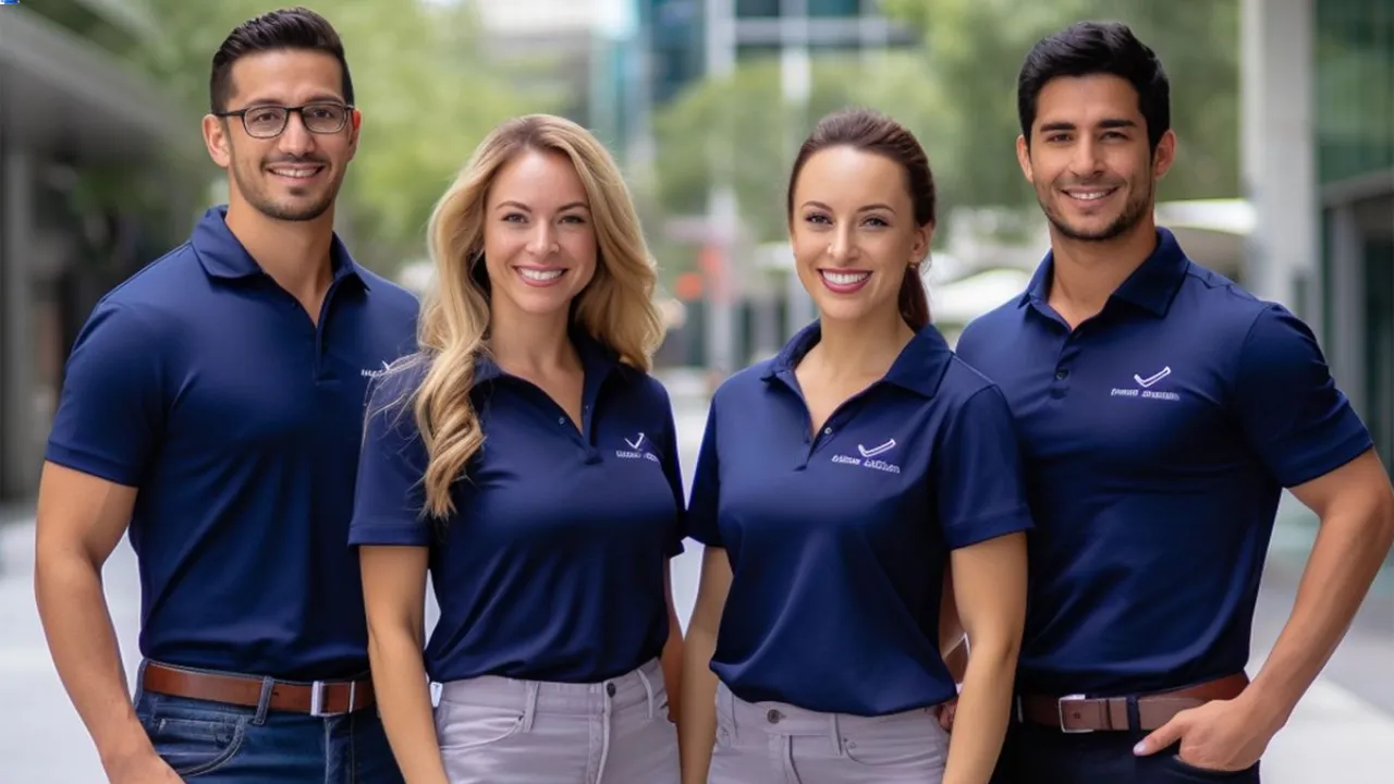 A smiling team wears matching uniforms created with a polo t shirt design online tool for a professional, cohesive look.
