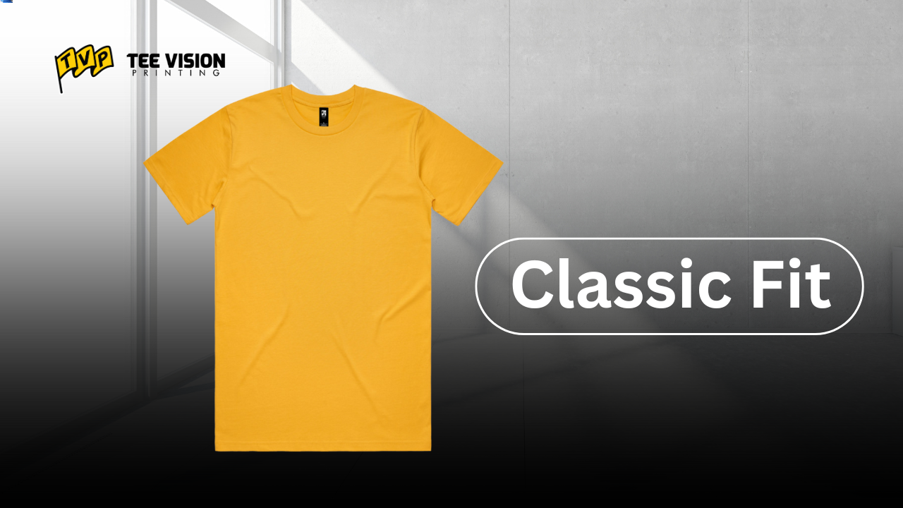 A yellow t-shirt in a classic fit, a versatile option to consider when determining which fit style is best for your merch for a broad audience.