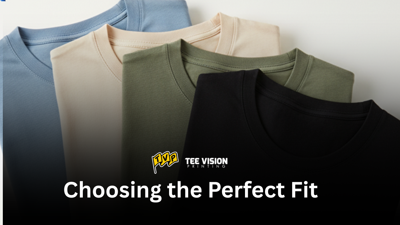 Four folded t-shirts in different colors—blue, beige, green, and black—with the text 'Choosing the Perfect Fit', illustrating the variety of options to consider when deciding which fit style is best for your merch.