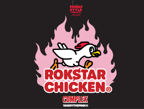 Bold festival artwork featuring Rokstar Chicken mascot with pink flame design, promoting Custom Screen-Printed T Shirts for Rokstar Chicken at Family Style Food Fest.