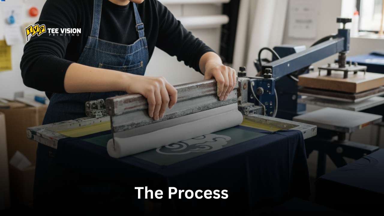 Screen printing in action at Tee Vision Printing, producing high-quality custom Christian church apparel with bold faith-based designs.