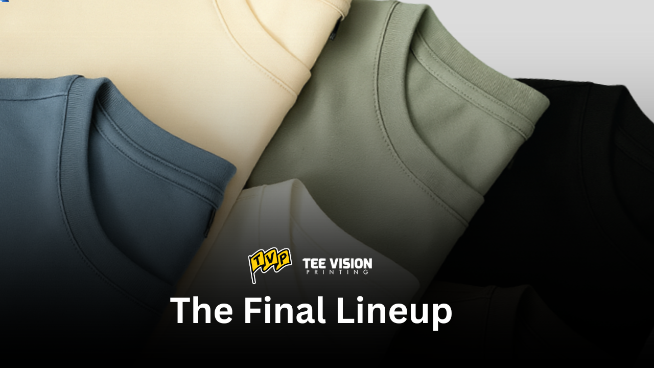 The Final Lineup—five folded tees in summer shades representing the curated 12Labours collection ready for screen printing and demonstrating what makes an apparel standout.
