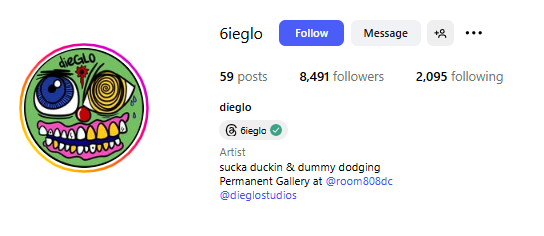 Dieglo’s Instagram profile, the designer behind Martin Armini's custom printed merch, known for bold and expressive graphics.