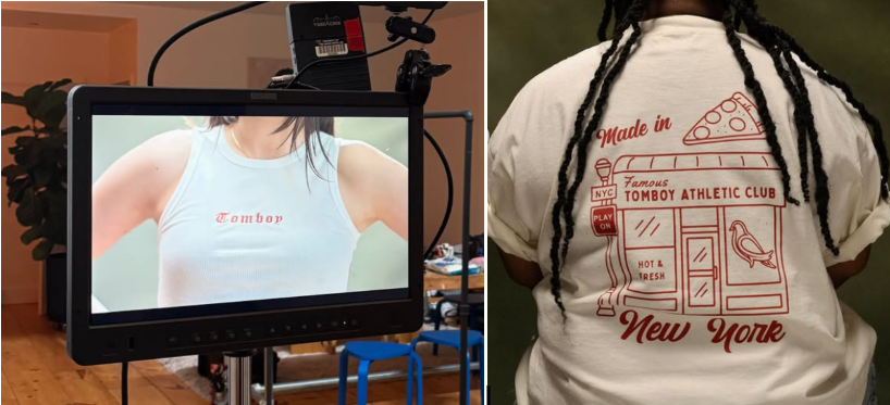 Tomboy Athletic Club apparel shoot featuring white tank with red Tomboy logo and white tee with illustrated New York street scene graphic.
