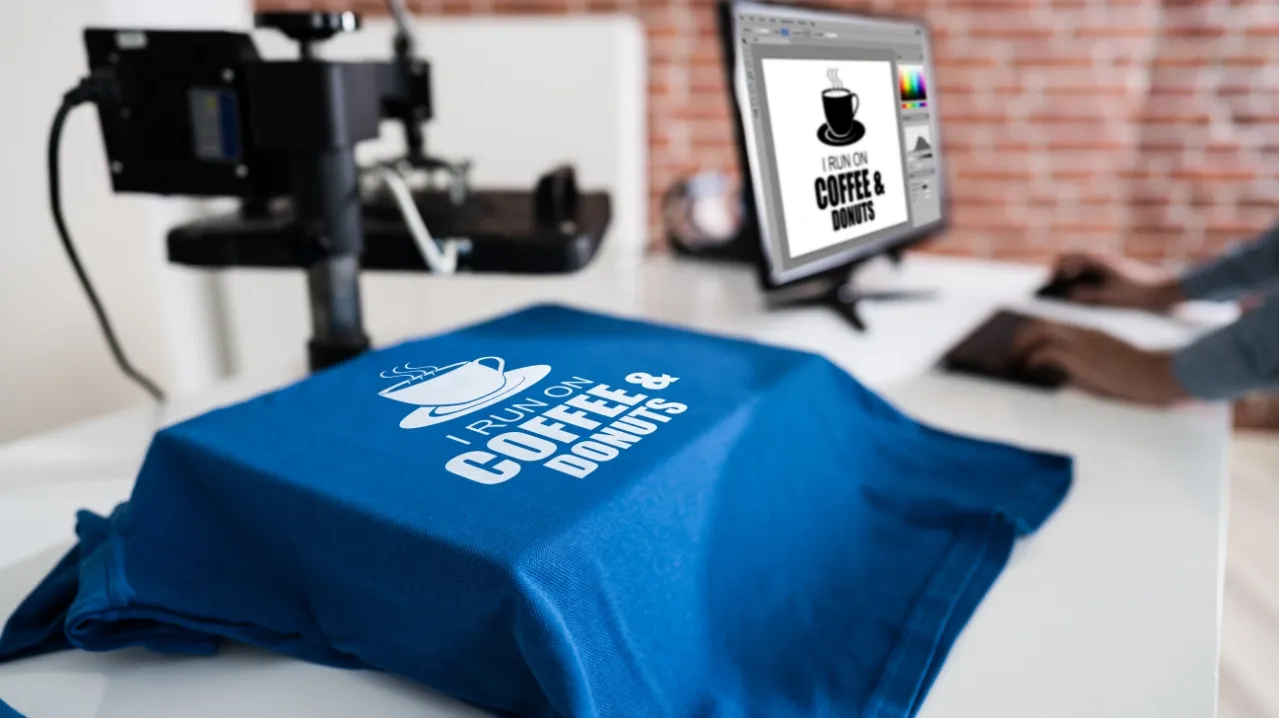 A designer uses a t-shirt design maker to finalize a custom logo for graphic design apparel on a blue shirt.